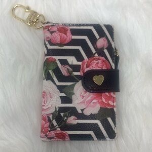 Betsey Johnson Floral Geometric Mini Wallet Keychain Rose Print Gold Heart Snap